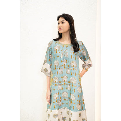Nidhii Goyal Blue A Line Dual Print Bagh Kurta with Pant (Set of 2)