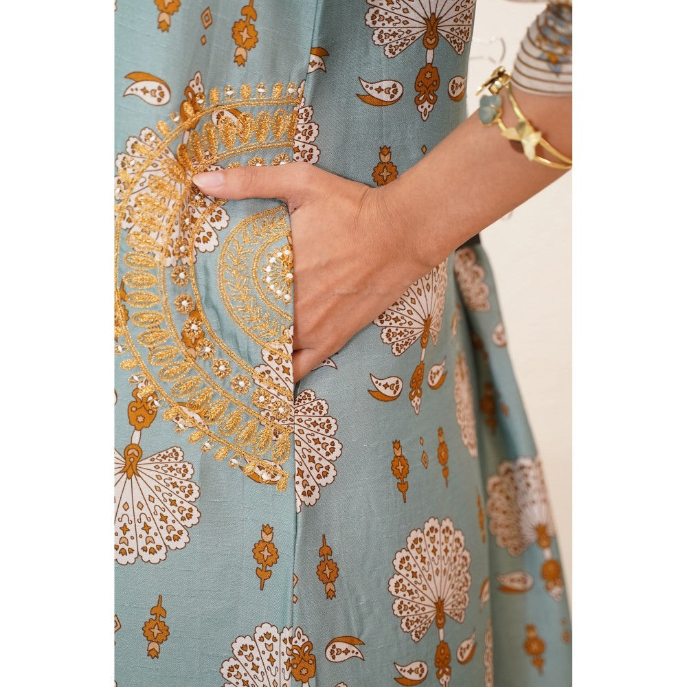 Nidhii Goyal Blue A Line Dual Print Bagh Kurta with Pant (Set of 2)