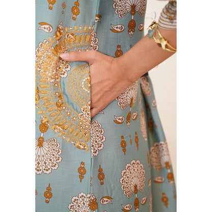 Nidhii Goyal Blue A Line Dual Print Bagh Kurta with Pant (Set of 2)