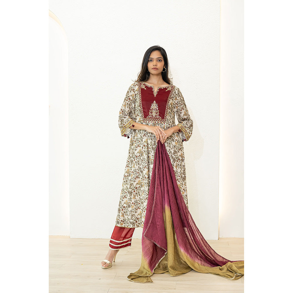 Nidhii Goyal Beige Tissue Yoke A Line Bagh Kurta with Pant and Dupatta (Set of 3)