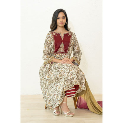 Nidhii Goyal Beige Tissue Yoke A Line Bagh Kurta with Pant and Dupatta (Set of 3)