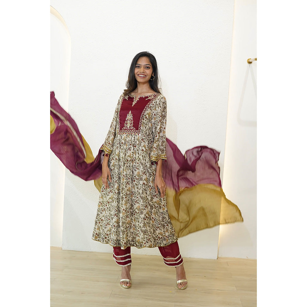 Nidhii Goyal Beige Tissue Yoke A Line Bagh Kurta with Pant and Dupatta (Set of 3)