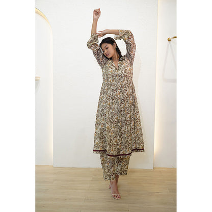 Nidhii Goyal Beige V Neck A Line Chanderi Kurta with Pant (Set of 2)