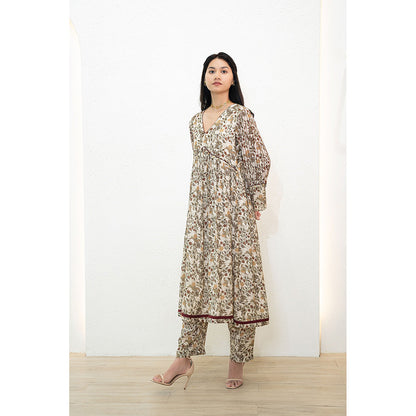 Nidhii Goyal Beige V Neck A Line Chanderi Kurta with Pant (Set of 2)