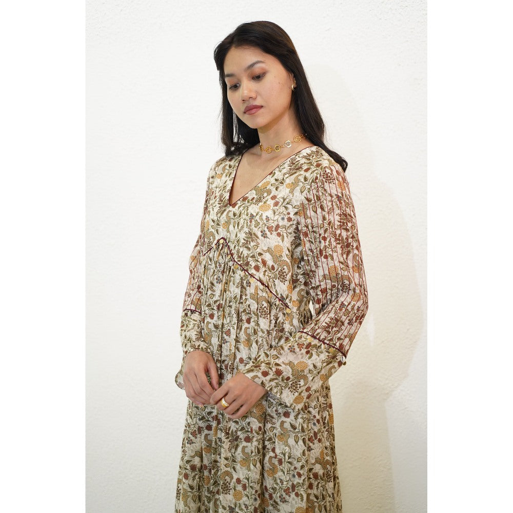 Nidhii Goyal Beige V Neck A Line Chanderi Kurta with Pant (Set of 2)