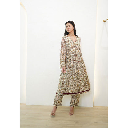 Nidhii Goyal Beige V Neck A Line Chanderi Kurta with Pant (Set of 2)