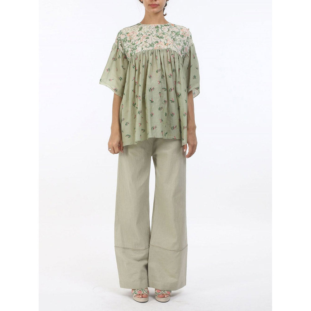 Nikasha Green Bloom Antique Jade Gathered Cotton Top