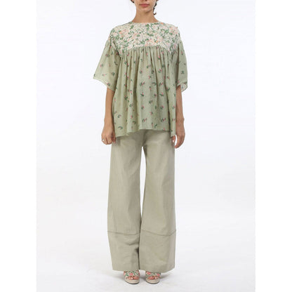 Nikasha Green Bloom Antique Jade Gathered Cotton Top