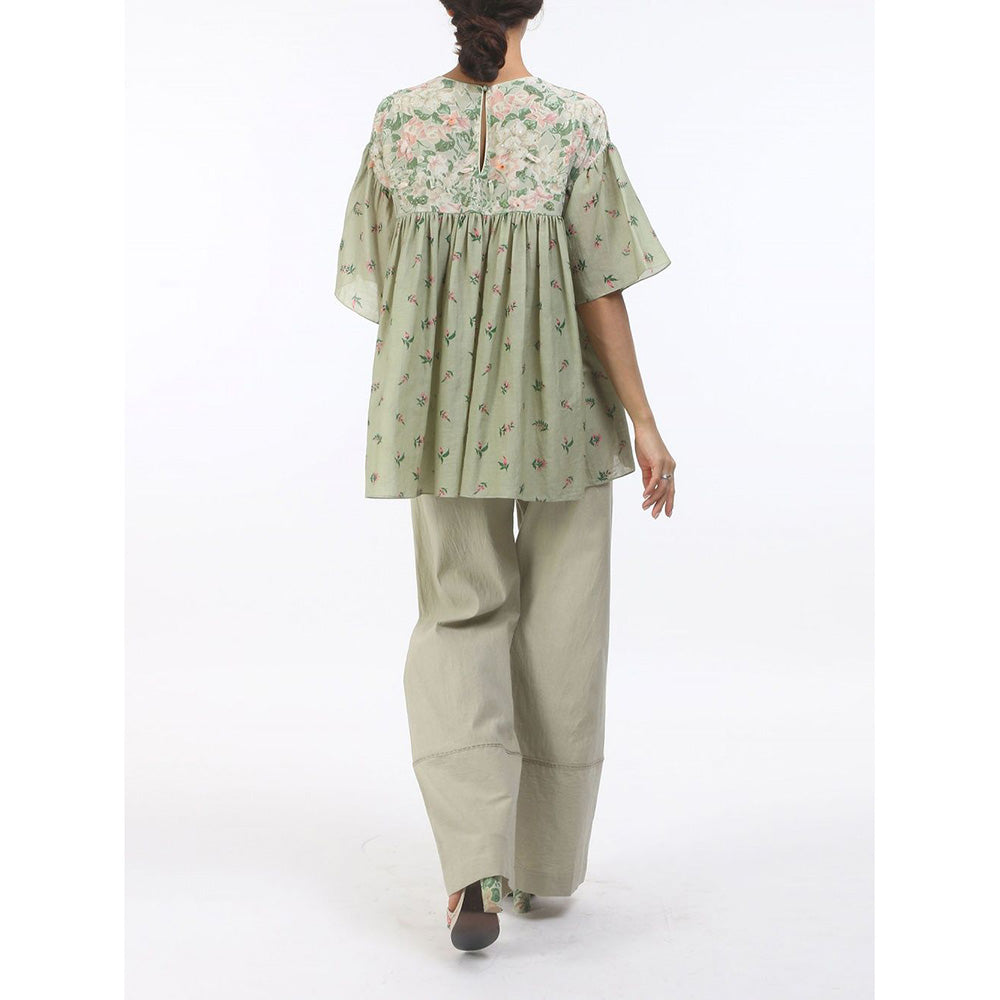 Nikasha Green Bloom Antique Jade Gathered Cotton Top
