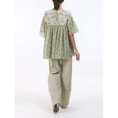 Nikasha Green Bloom Antique Jade Gathered Cotton Top