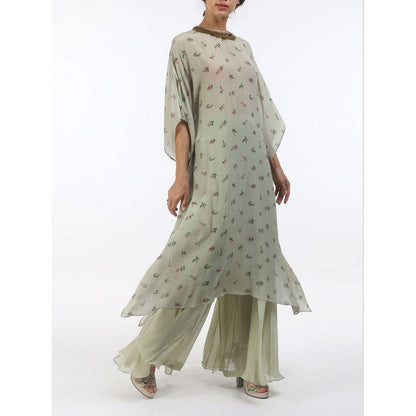 Nikasha Bloom Antique Jade Bouquet Printed Crepe Kaftan With Sharara