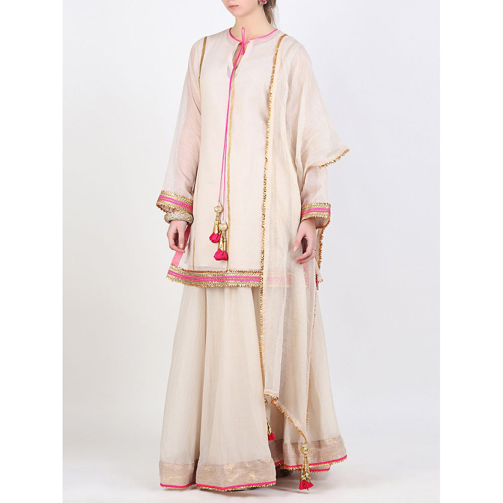 Nikasha Beige Kota Doria Sharara With Dupatta - Set of 3