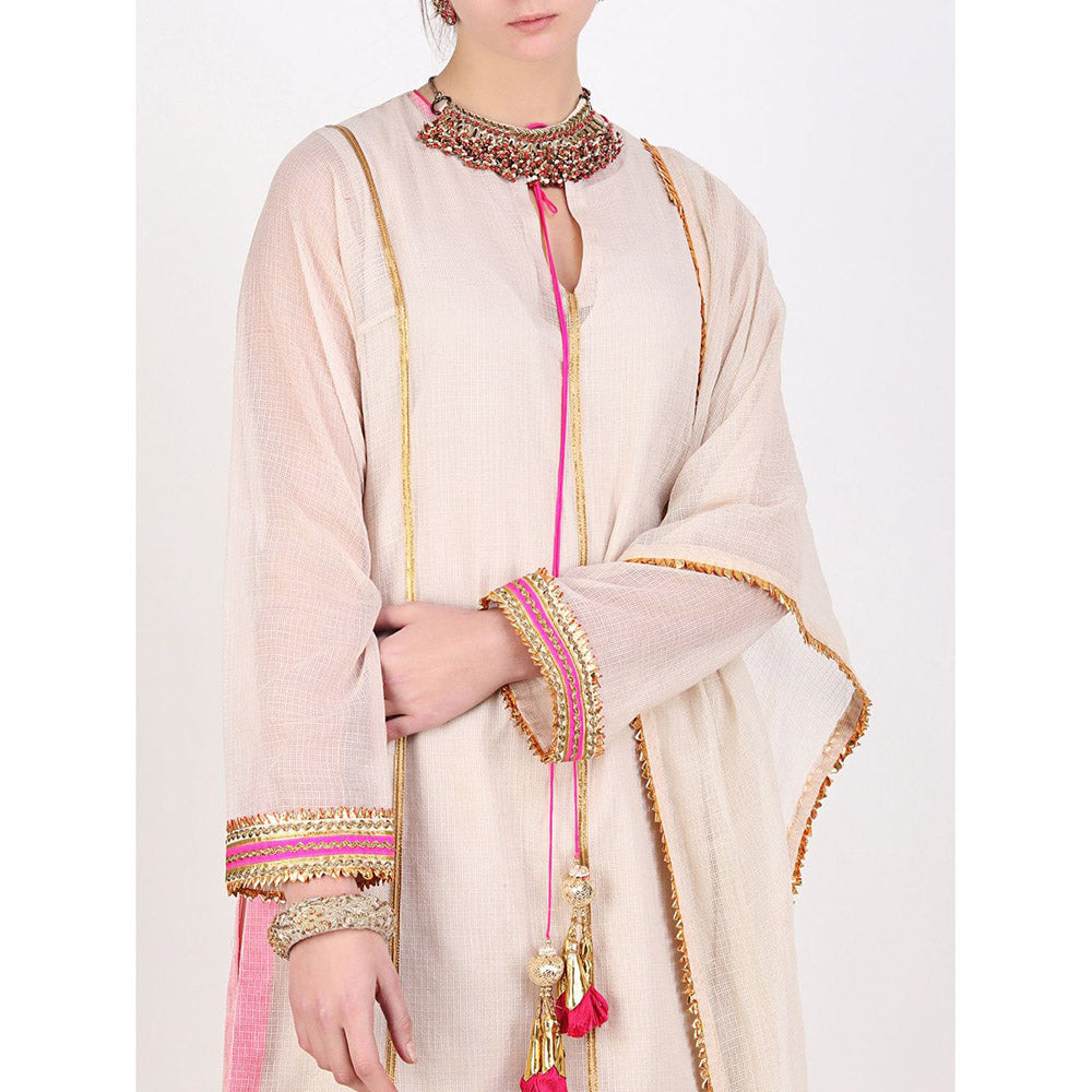 Nikasha Beige Kota Doria Sharara With Dupatta - Set of 3