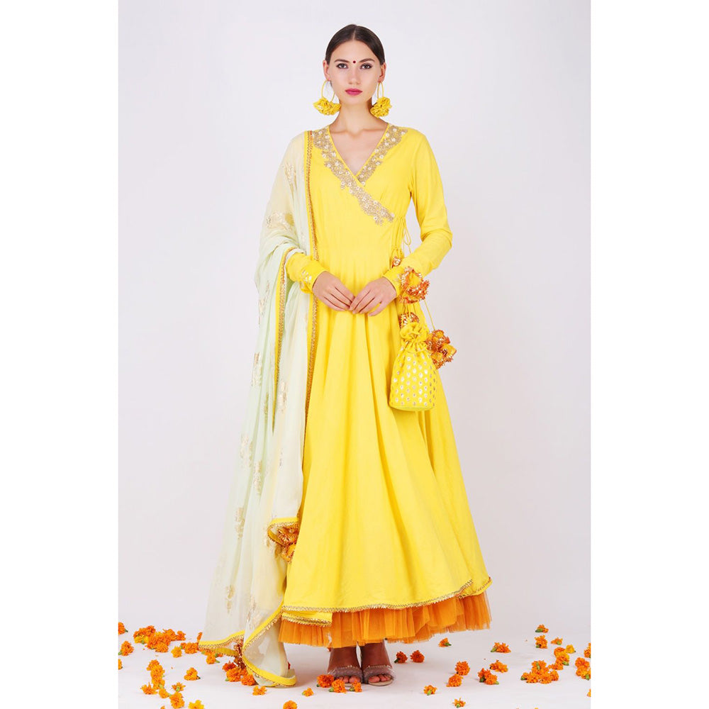 Nikasha Pitambari Yellow Rani Kalidar Pair With Churidar and Dupatta - Set of 3