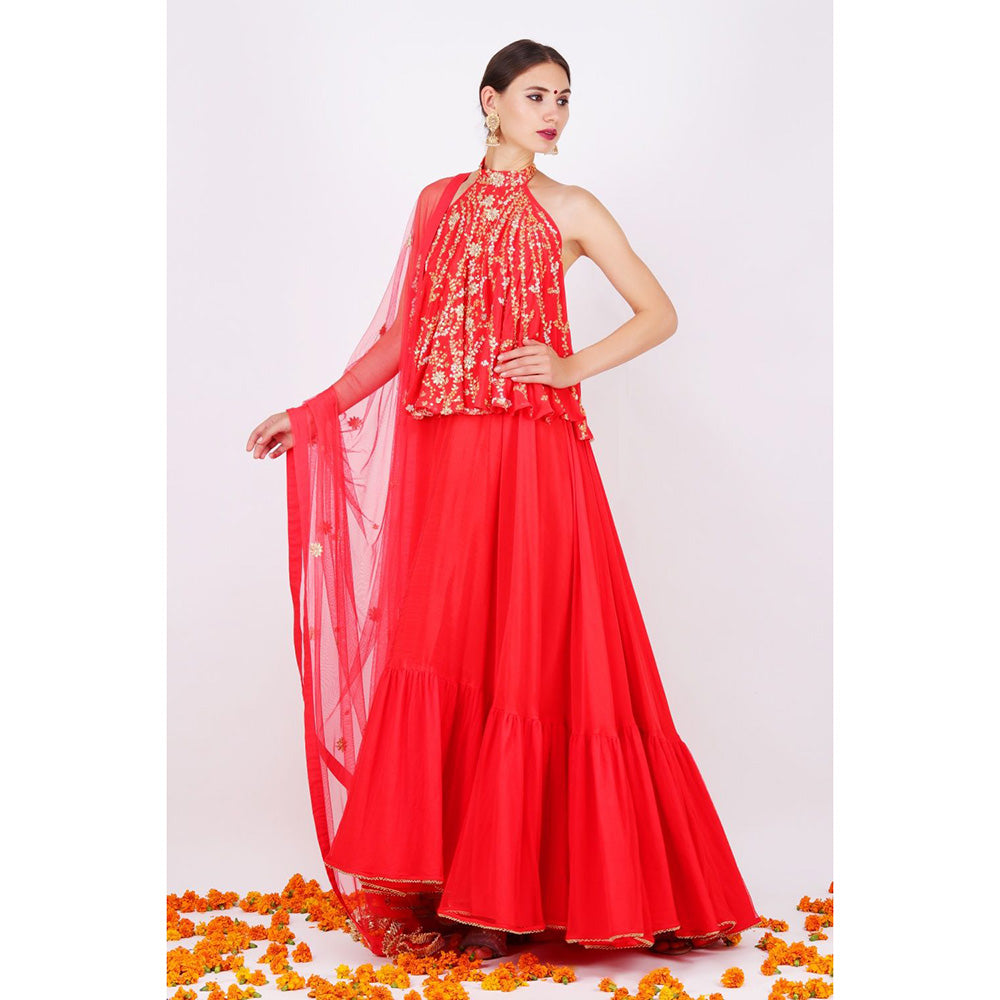 Nikasha Gajari Red Kalidar With Dupatta - Set of 3