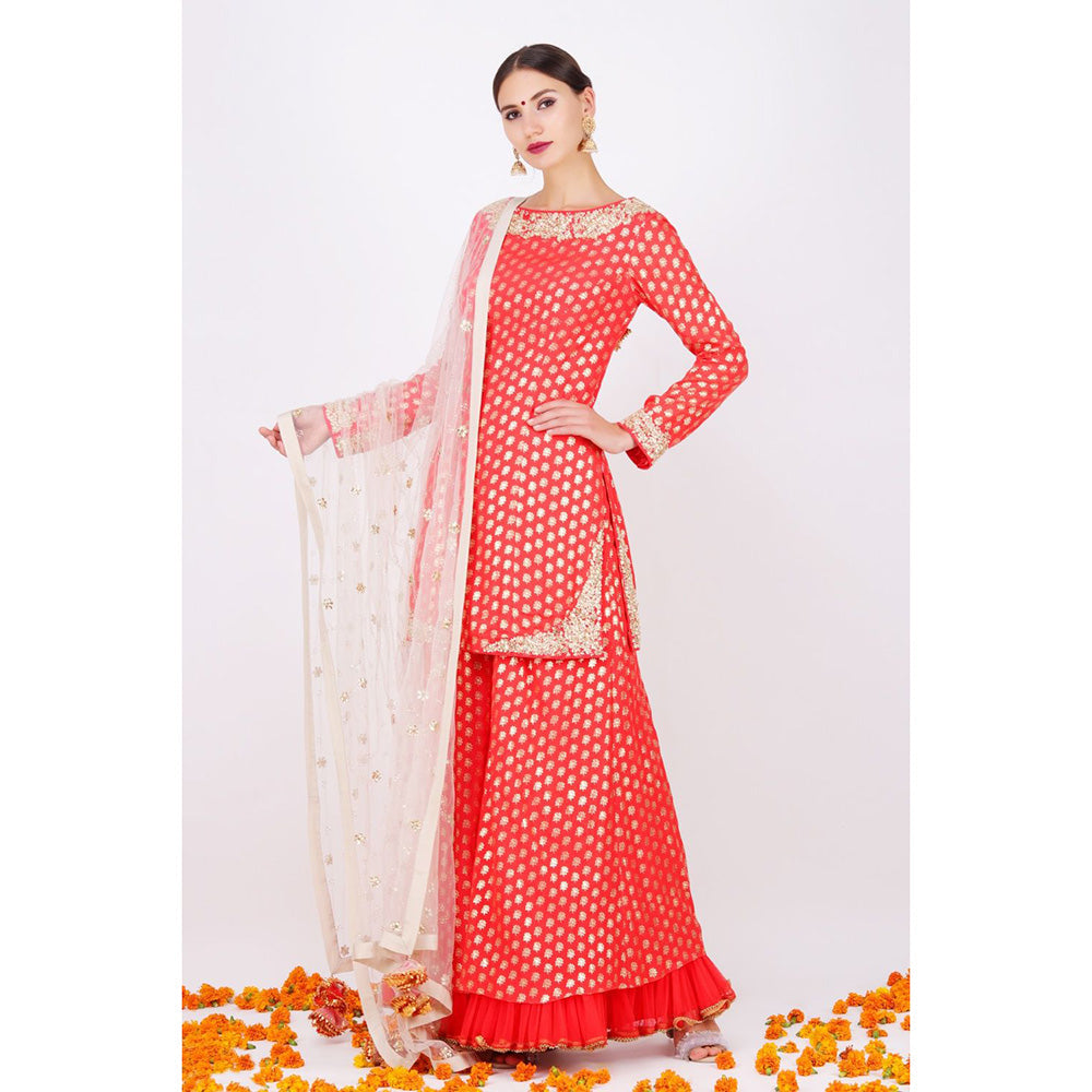 Nikasha Gajari Rani Kurta With Net Sharara and net embroidered Dupatta - Set of 3