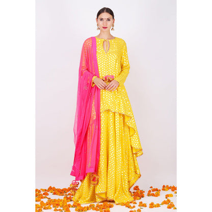 Nikasha Yellow Rani Kurta With Sharara and Pink Foil Dupatta - Set of 3