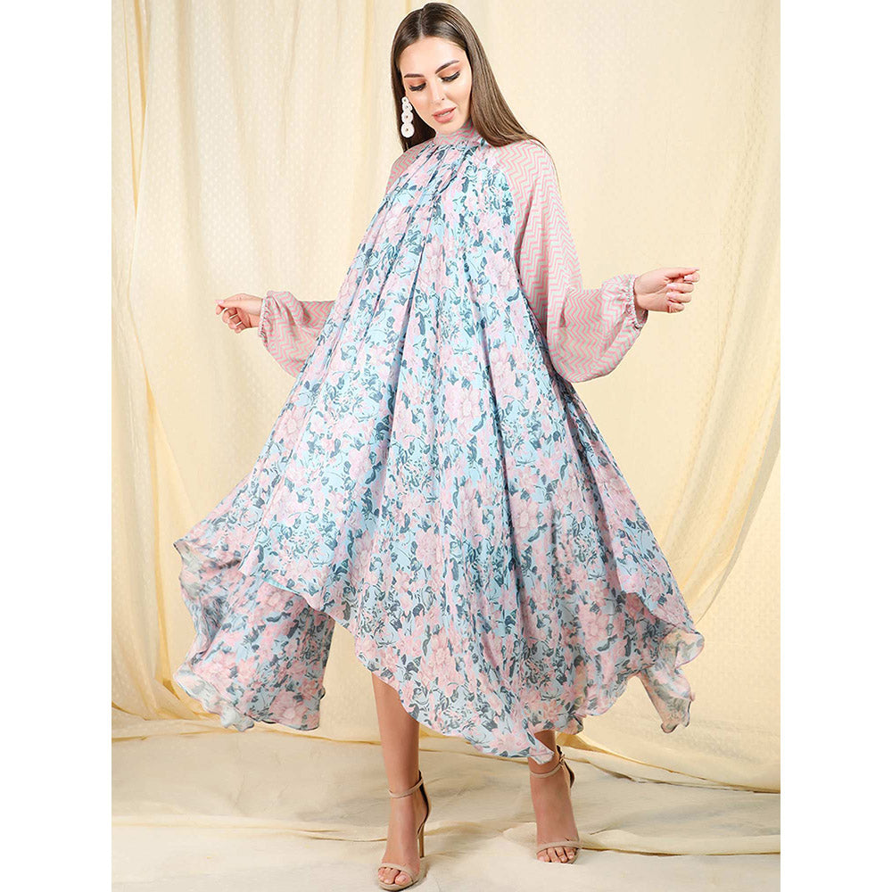 Nikasha Sky Blue Floral Printed Balloon Sleeves Midi Dress