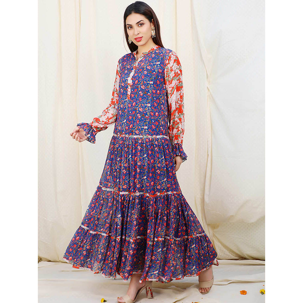 Nikasha Blue Floral Printed Long Sleeves Maxi Dress
