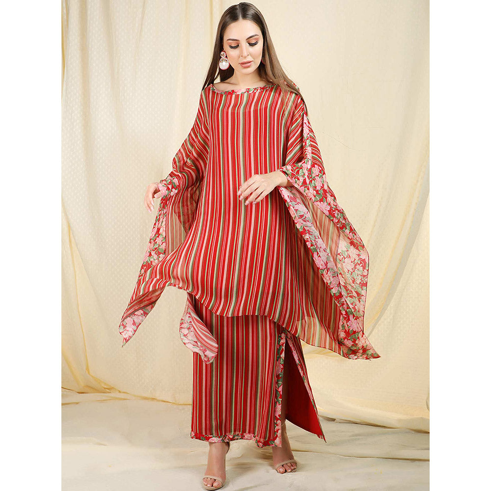 Nikasha Maroon Stripes Printed Flared Sleeves Kaftan With Inner And Skirt (Set of 3)