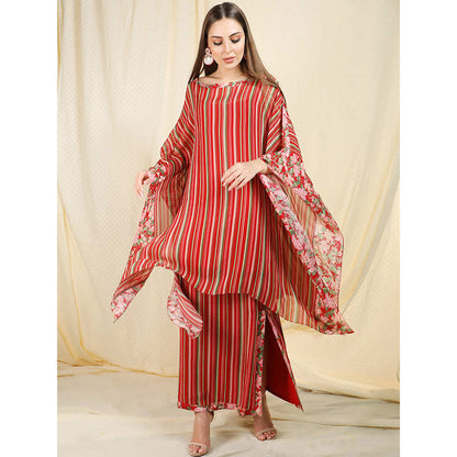 Nikasha Maroon Stripes Printed Flared Sleeves Kaftan With Inner And Skirt (Set of 3)
