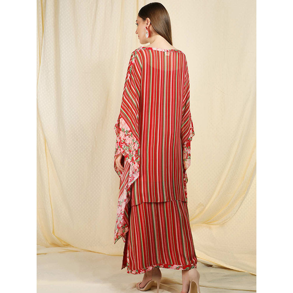 Nikasha Maroon Stripes Printed Flared Sleeves Kaftan With Inner And Skirt (Set of 3)