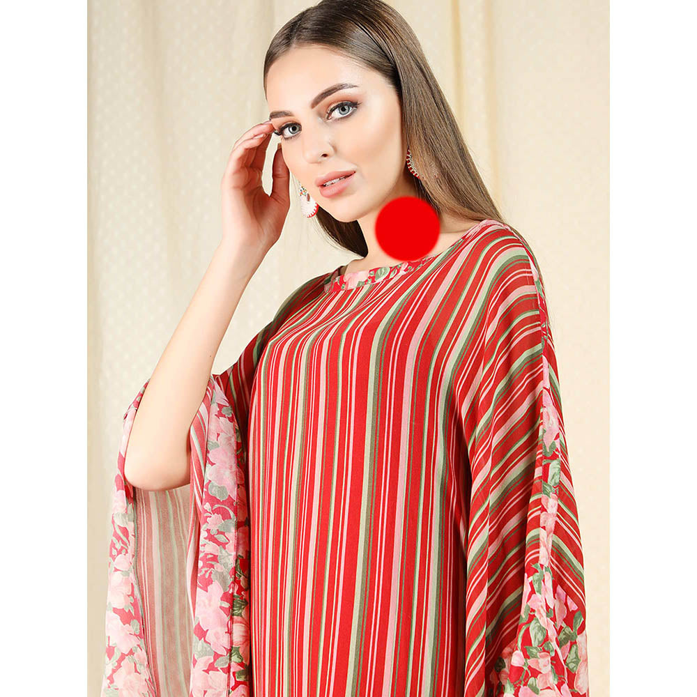 Nikasha Maroon Stripes Printed Flared Sleeves Kaftan With Inner And Skirt (Set of 3)