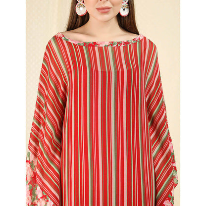 Nikasha Maroon Stripes Printed Flared Sleeves Kaftan With Inner And Skirt (Set of 3)