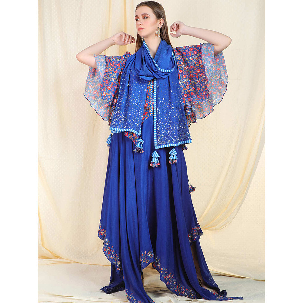 Nikasha Blue Floral Printed Flared Sleeves Top And Skirt With Scarf (Set of 3)