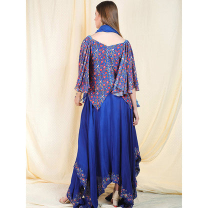 Nikasha Blue Floral Printed Flared Sleeves Top And Skirt With Scarf (Set of 3)
