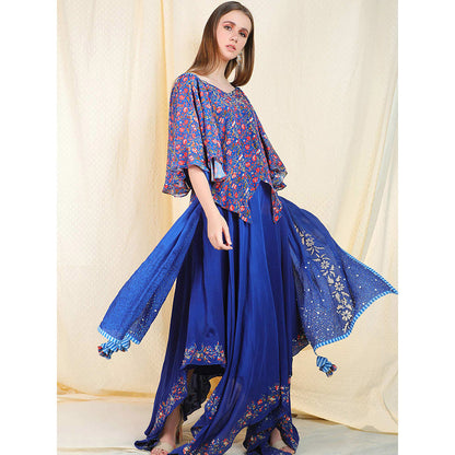 Nikasha Blue Floral Printed Flared Sleeves Top And Skirt With Scarf (Set of 3)