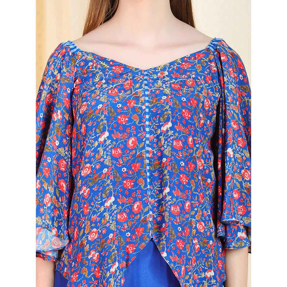 Nikasha Blue Floral Printed Flared Sleeves Top And Skirt With Scarf (Set of 3)