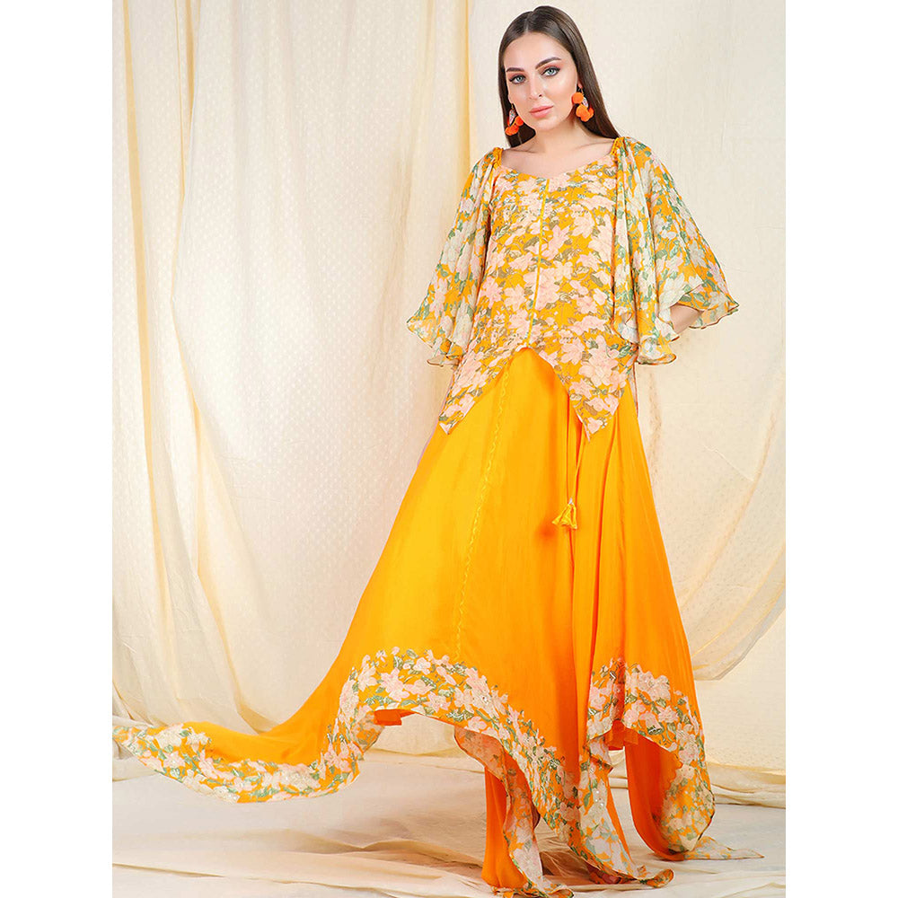 Nikasha Orange Floral Printed Flared Sleeves Top And Skirt With Scarf (Set of 3)