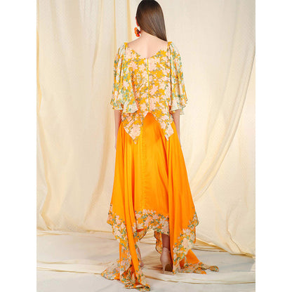 Nikasha Orange Floral Printed Flared Sleeves Top And Skirt With Scarf (Set of 3)