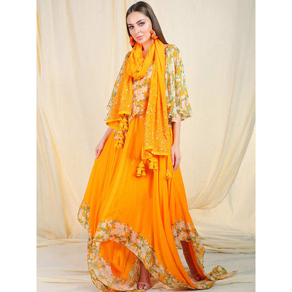 Nikasha Orange Floral Printed Flared Sleeves Top And Skirt With Scarf (Set of 3)