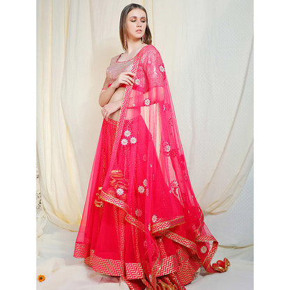 Nikasha Coral Mirror Work Short Sleeves Blouse With Lehenga And Dupatta (Set of 3)