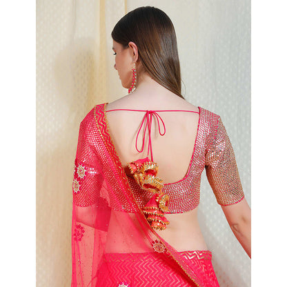 Nikasha Coral Mirror Work Short Sleeves Blouse With Lehenga And Dupatta (Set of 3)