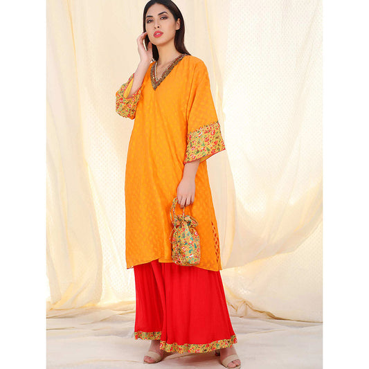 Nikasha Orange Embellished Flared Sleeves Kurta And Skirt With Potli (Set of 3)