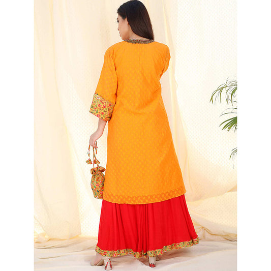 Nikasha Orange Embellished Flared Sleeves Kurta And Skirt With Potli (Set of 3)