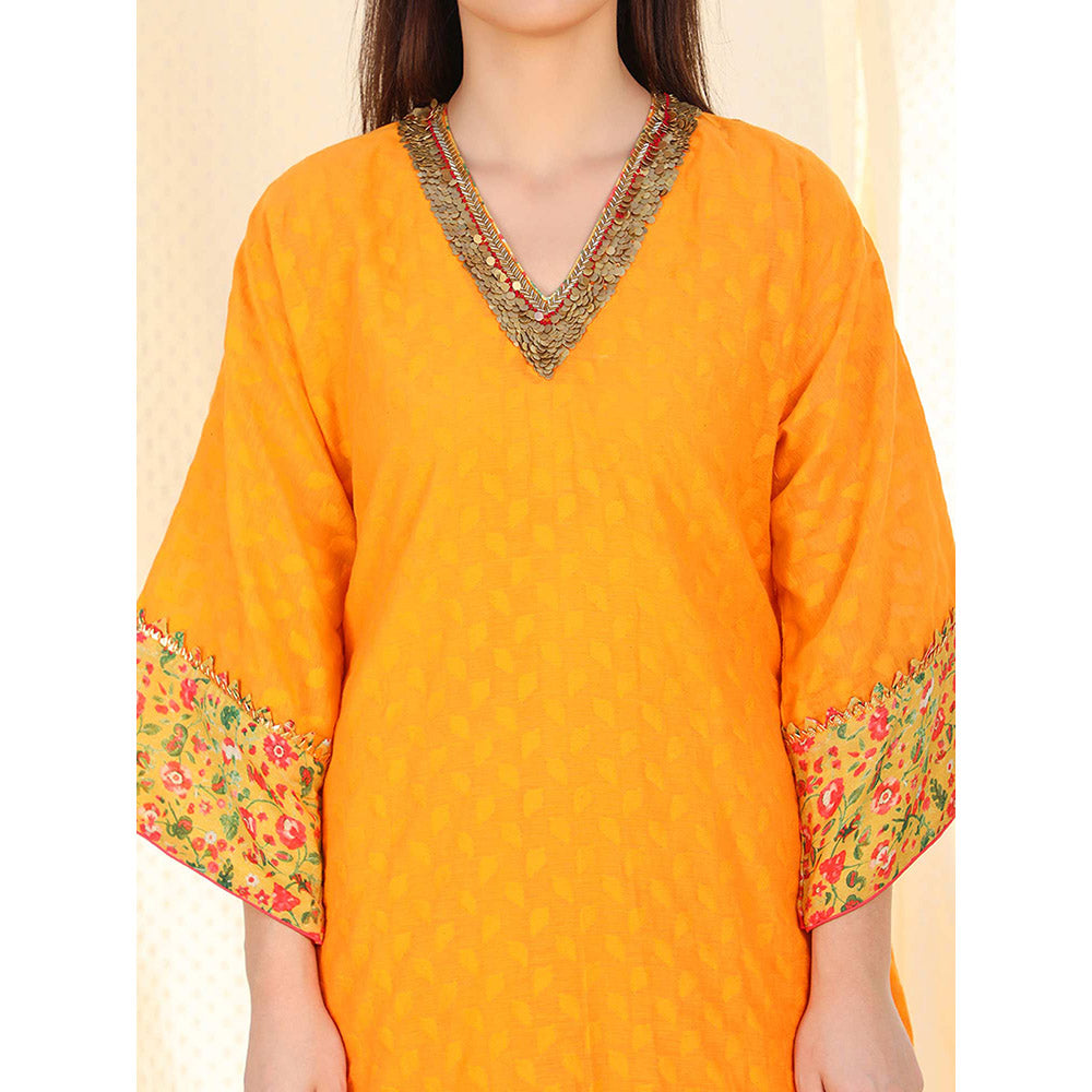 Nikasha Orange Embellished Flared Sleeves Kurta And Skirt With Potli (Set of 3)