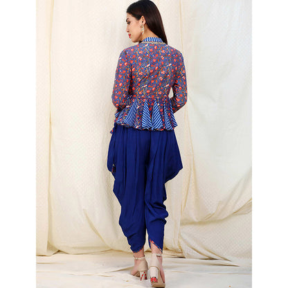 Nikasha Blue Floral Printed Mandarin Neck Tunic With Dhoti Pant (Set of 2)