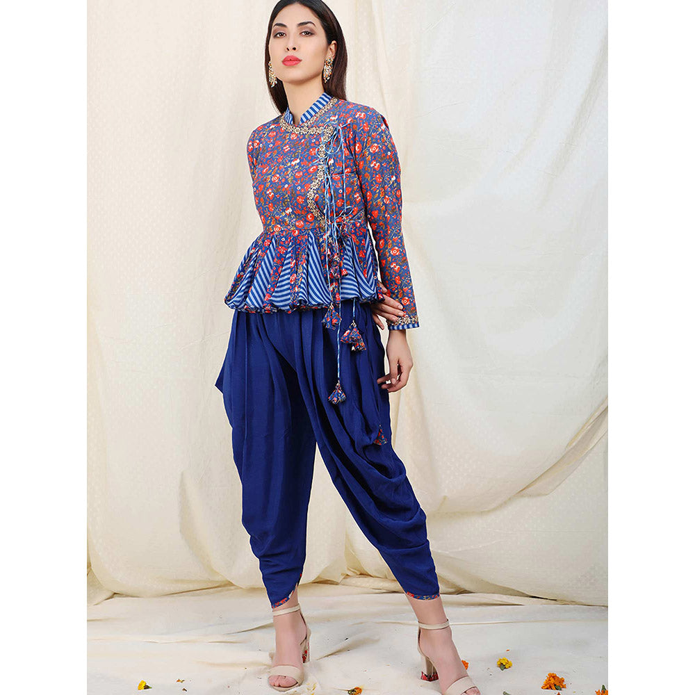 Nikasha Blue Floral Printed Mandarin Neck Tunic With Dhoti Pant (Set of 2)