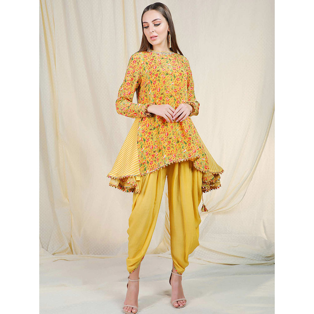 Nikasha Yellow Floral Printed Long Sleeves Tunic With Dhoti Pant (Set of 2)