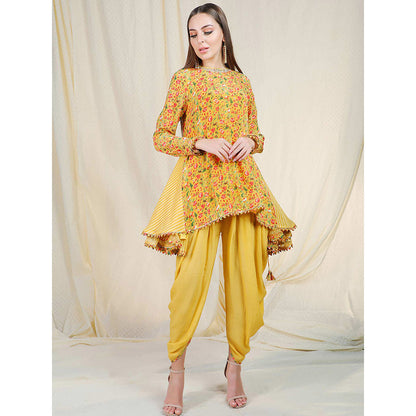 Nikasha Yellow Floral Printed Long Sleeves Tunic With Dhoti Pant (Set of 2)