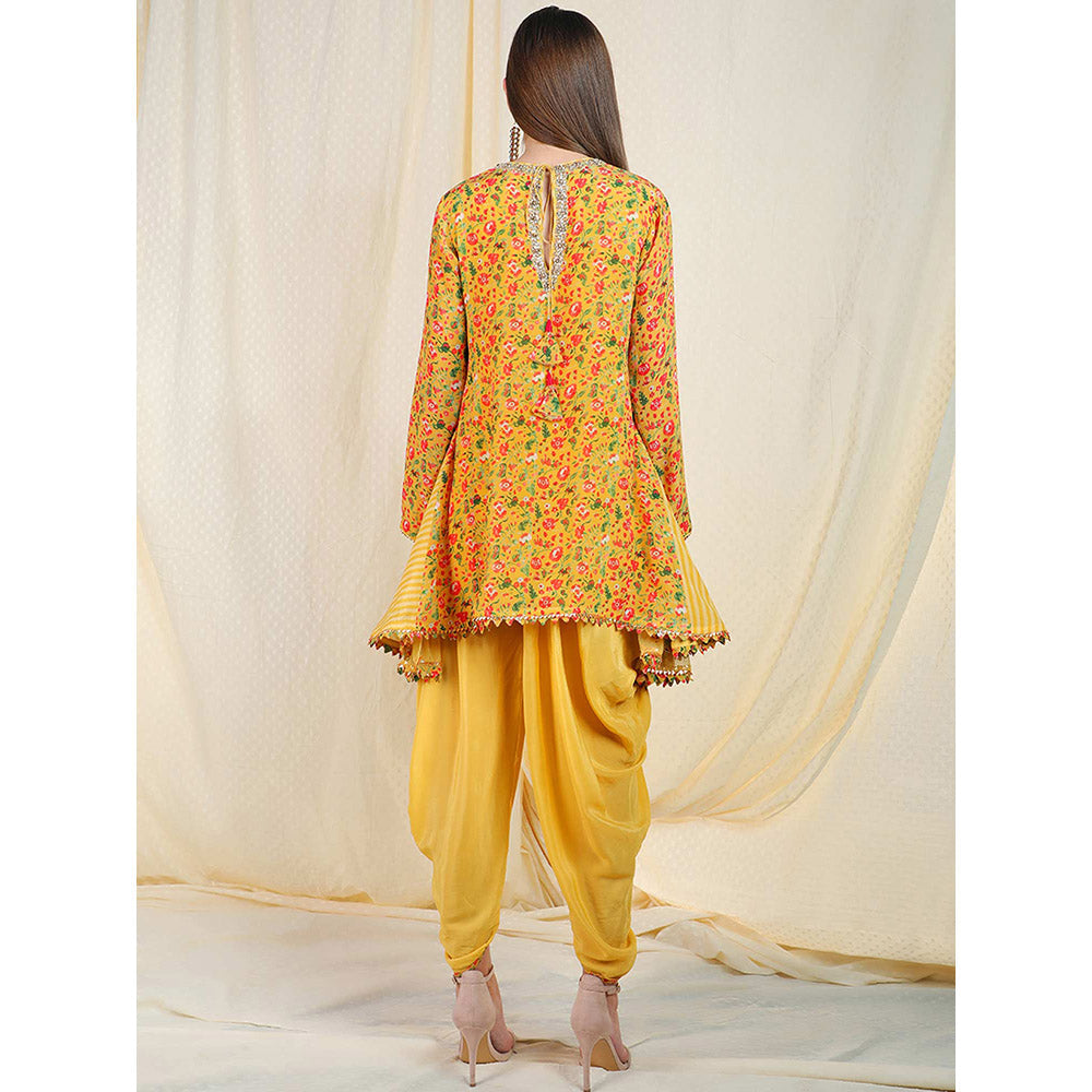 Nikasha Yellow Floral Printed Long Sleeves Tunic With Dhoti Pant (Set of 2)