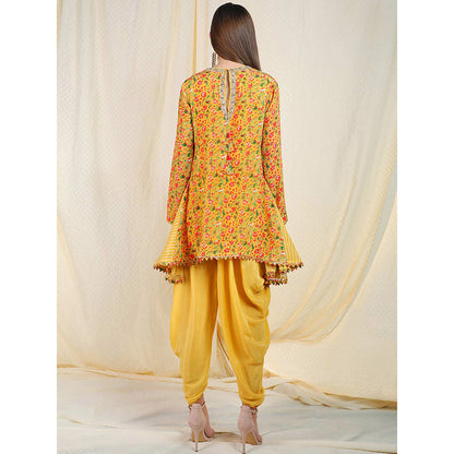 Nikasha Yellow Floral Printed Long Sleeves Tunic With Dhoti Pant (Set of 2)