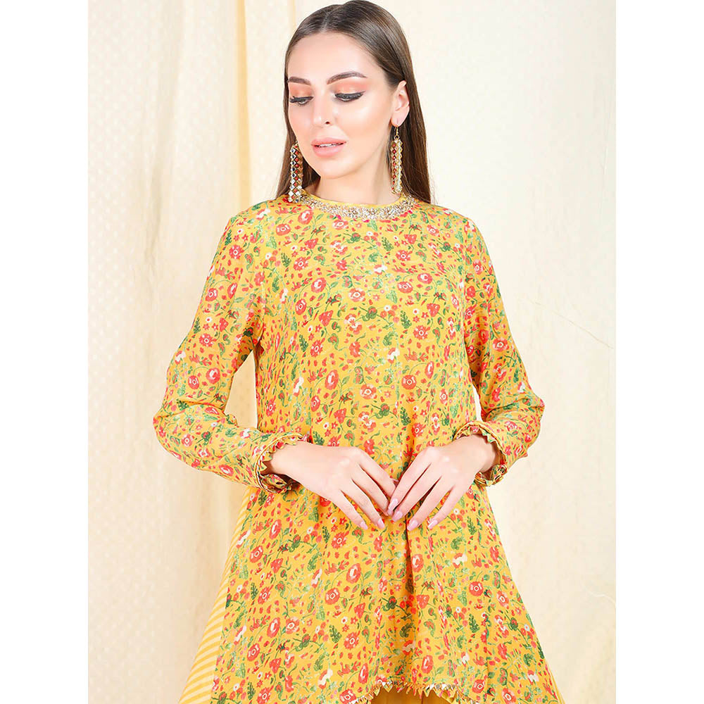 Nikasha Yellow Floral Printed Long Sleeves Tunic With Dhoti Pant (Set of 2)