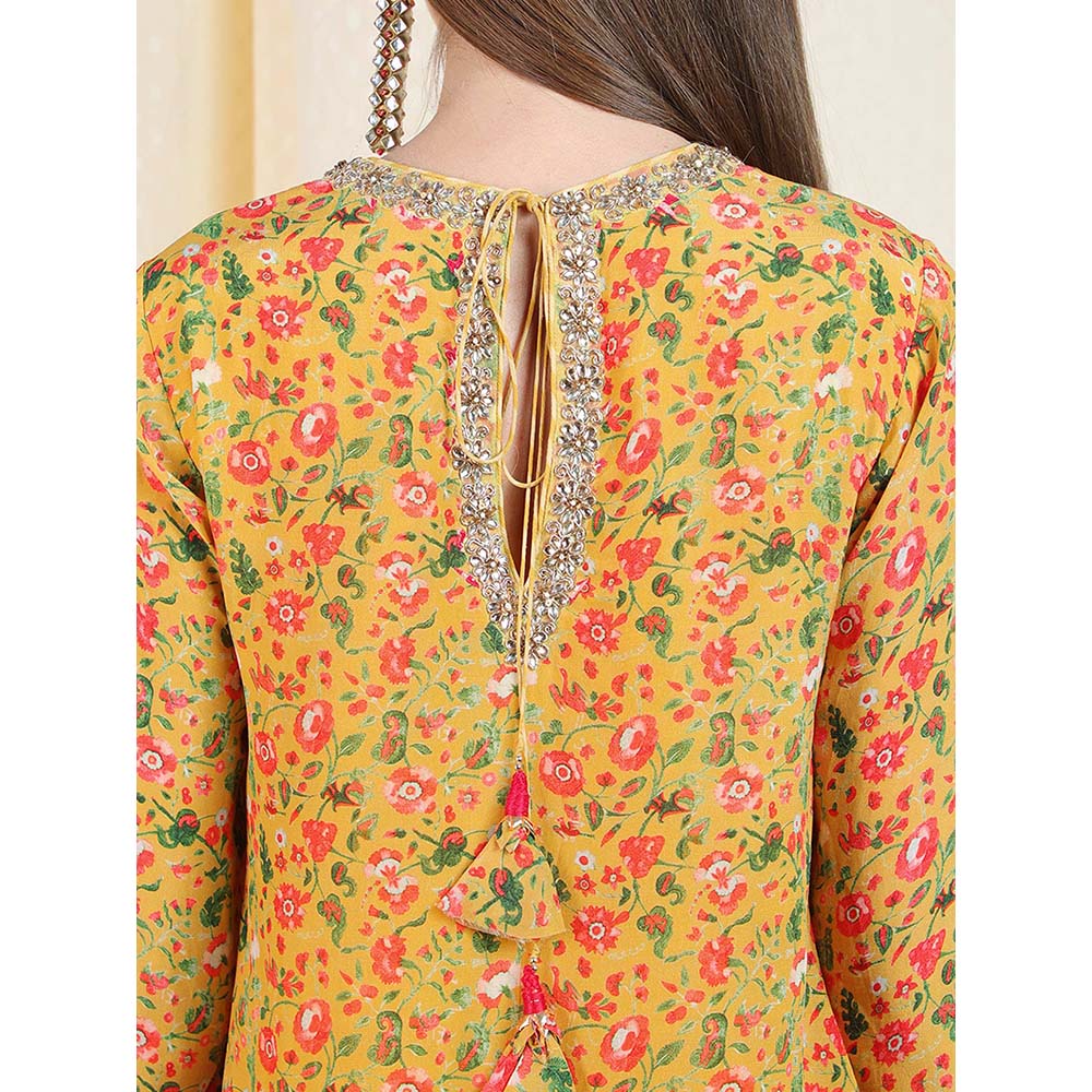 Nikasha Yellow Floral Printed Long Sleeves Tunic With Dhoti Pant (Set of 2)