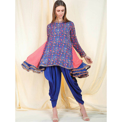 Nikasha Blue Floral Printed Long Sleeves Tunic With Dhoti Pant (Set of 2)