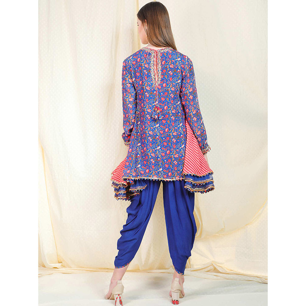 Nikasha Blue Floral Printed Long Sleeves Tunic With Dhoti Pant (Set of 2)